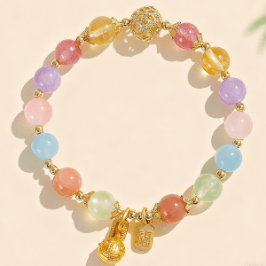 Rainbow Gem Pixiu Bracelet – Strawberry Quartz, Lavender Amethyst, Rose Quartz, Sunstone, Aquamarine & Prehnite
