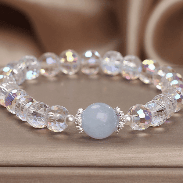 White Crystal Bracelet with Aquamarine Focal – Clarity & Serenity