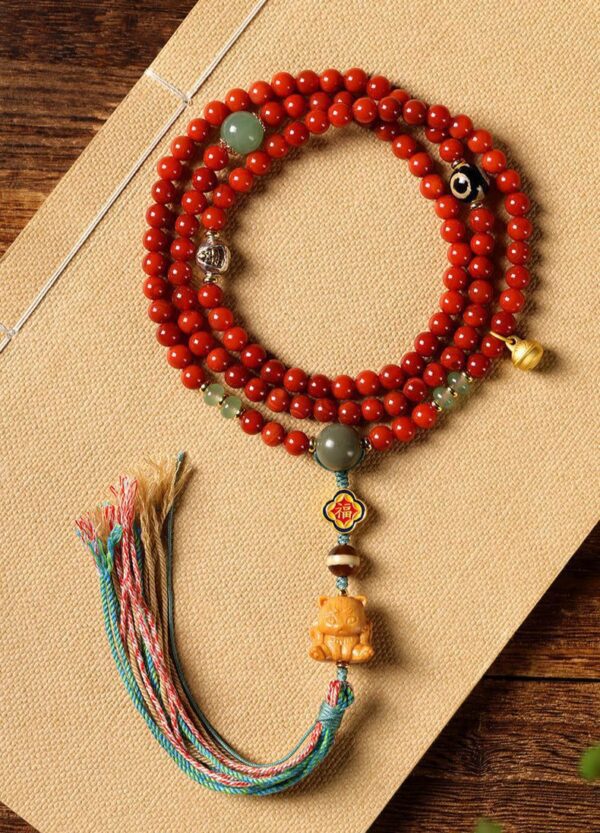 Tibetan-Style 108 Red Agate Mala Necklace – Auspicious Blessings & Love Harmony