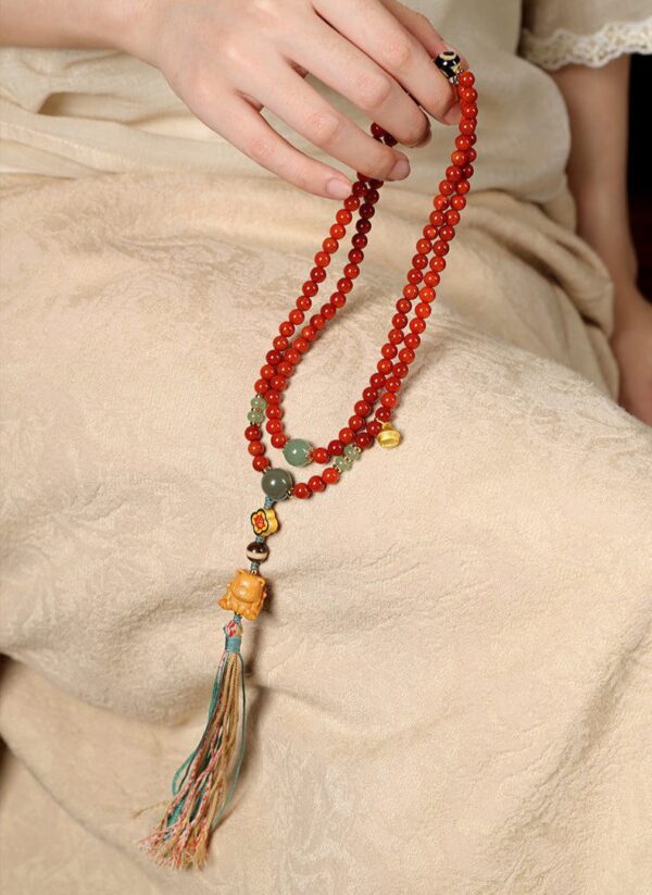Tibetan-Style 108 Red Agate Mala Necklace – Auspicious Blessings & Love Harmony