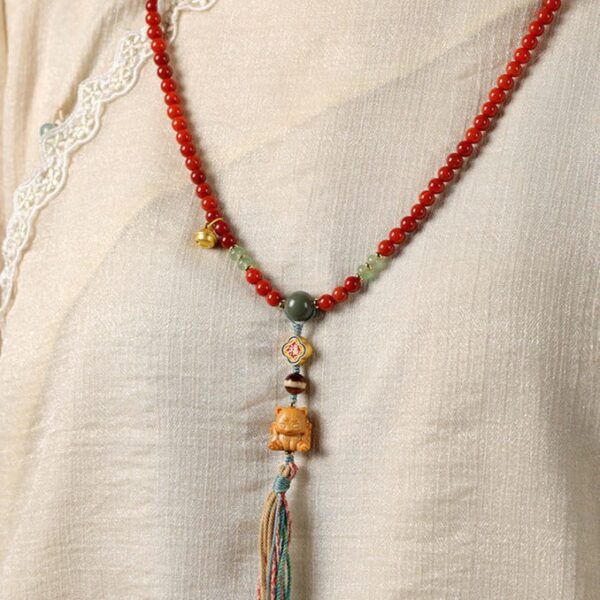Tibetan-Style 108 Red Agate Mala Necklace – Auspicious Blessings & Love Harmony
