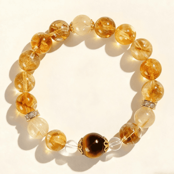 10mm Golden Rutilated Quartz & Tiger’s Eye Bracelet with Crystal Accents – Wealth & Clarity
