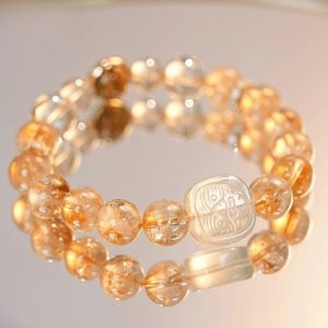 Golden Citrine Double-Wrap Bracelet with Carved White Jade Bead – Prosperity & Clarity