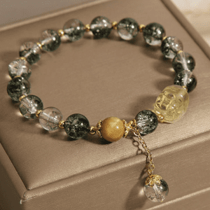 Verdant Vision Bracelet – Green Phantom Quartz & Golden Crystal Charm