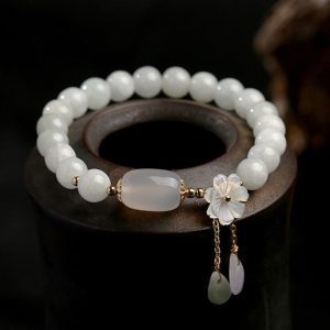 Jade Blossom Bracelet – Natural Jade with 14K Gold & Shell Flower Charm