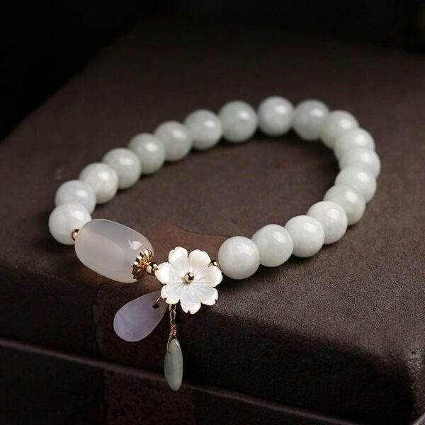 Jade Blossom Bracelet – Natural Jade with 14K Gold & Shell Flower Charm