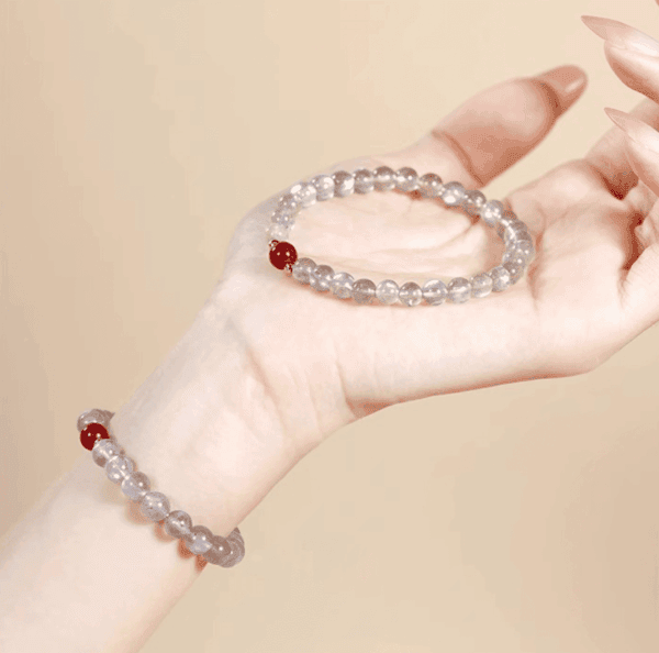 Gray Moonstone & Strawberry Quartz Bracelet – Soft Glow, Feminine Poise