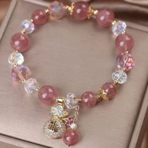 Fortune Bloom Bracelet – Strawberry Quartz & Lucky Money Bag Charm