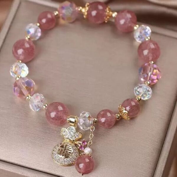 Fortune Bloom Bracelet – Strawberry Quartz & Lucky Money Bag Charm