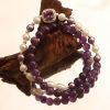Amethyst & Pearl Triple-Strand Bracelet with Pink Gemstone Clasp – Women’s Elegance & Balance