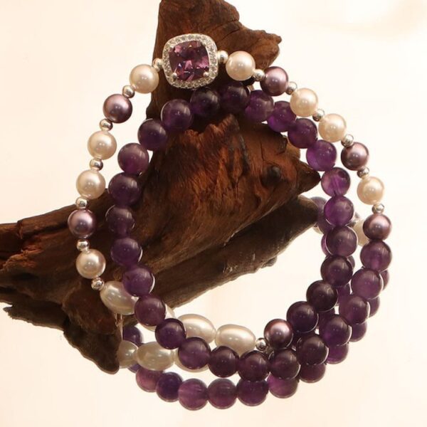 Amethyst & Pearl Triple-Strand Bracelet with Pink Gemstone Clasp – Women’s Elegance & Balance