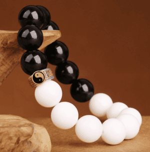 Yin-Yang Obsidian & White Shell Bracelet – 925 Silver Mantra Bead