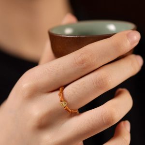 Olive Wood Bamboo Ring with Coin Accent – Women’s Prosperity & Poise