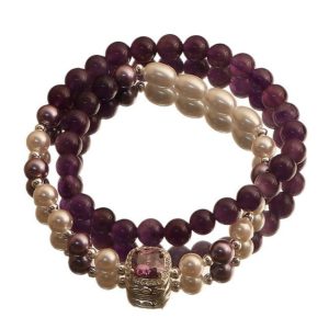 Amethyst & Pearl Triple-Strand Bracelet with Pink Gemstone Clasp – Women’s Elegance & Balance