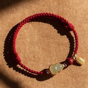 Cinnabar Fortune Gourd Red String Bracelet – Jade Inlay, Hand-Braided (2 Colors)