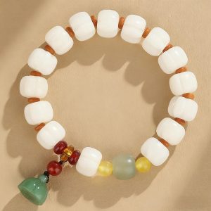 White Jade & Multi-Color Bead Bracelet Collection with Green Bell Charm – Harmony & Protection
