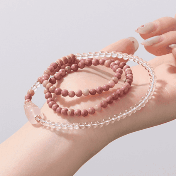 Rhodochrosite & Clear Quartz Double-Wrap Bracelet with Rose Quartz Pixiu – Love & Protection