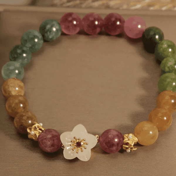 Floral Harmony Bracelet – Multi-Color Tourmaline & Jade Blossom Charm