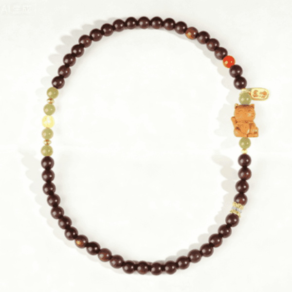Double-Wrap Wooden Bead Necklace with Lucky Cat Pendant – Prosperity & Blessings