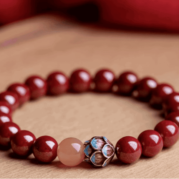 Cinnabar & Sunstone Bracelet with Silver Enamel Lotus – Protection & Prosperity