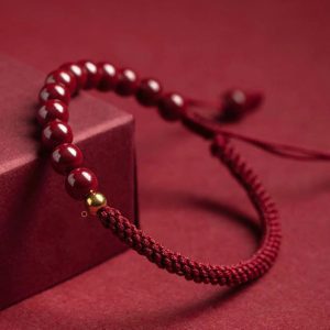 Cinnabar Bead Red String Bracelet – Macramé Detail (2 Colors)