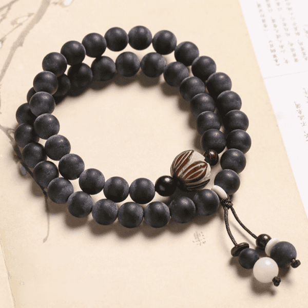 Double-Wrap Wooden Mala Bracelet with Carved Guru Bead – Protection & Balance