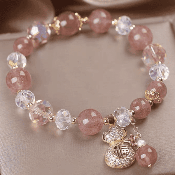 Fortune Bloom Bracelet – Strawberry Quartz & Lucky Money Bag Charm