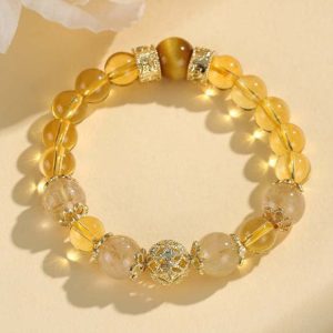 Sunlit Golden Quartz Fortune Bracelet – Filigree Orb & Prosperity Barrels