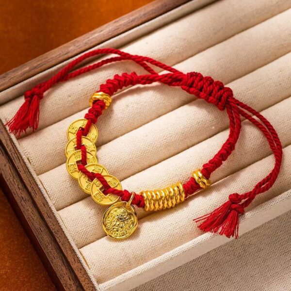 Fortune Coil Red String Bracelet – New Chinese Style, Caishen Coin Charm