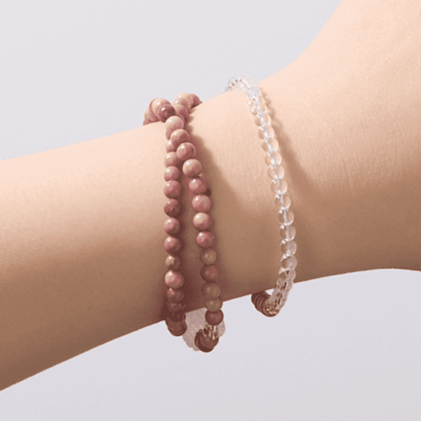 Rhodochrosite & Clear Quartz Double-Wrap Bracelet with Rose Quartz Pixiu – Love & Protection