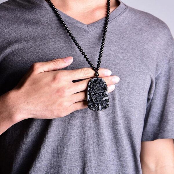 Natural Black Obsidian Dragon Protection Necklace - Buddha & Karma