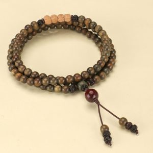 Green Sandalwood Double-Wrap Mala Bracelet with Bodhi Accents – Grounding & Protection