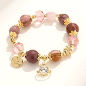 Crystal Charm Gemstone Bracelets – Rose Gold Accents with Planet Pendant