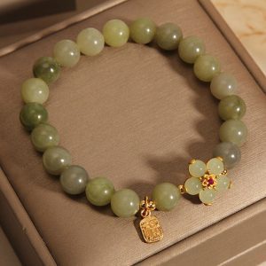 Jade Bloom Bracelet – Green Jade with Gold Floral & “Fu” Charm