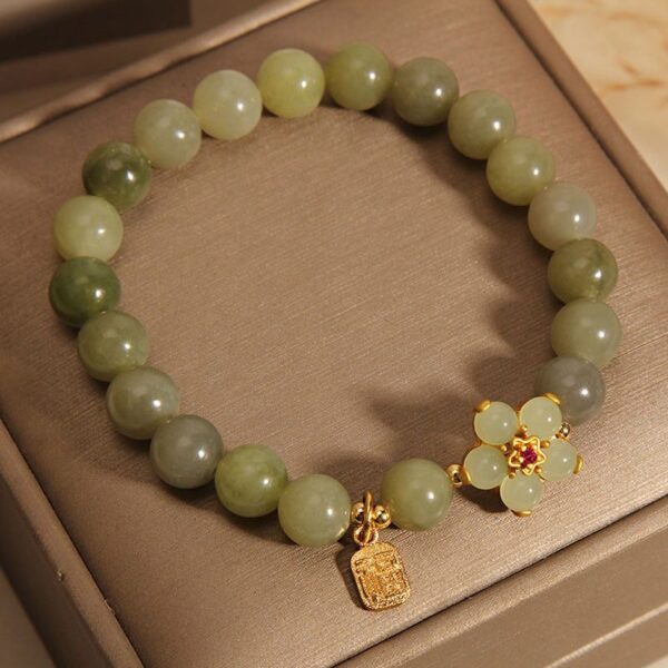 Jade Bloom Bracelet – Green Jade with Gold Floral & “Fu” Charm
