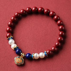 Cinnabar & Pearl Longevity Lock Bracelet – Blessing & Protection