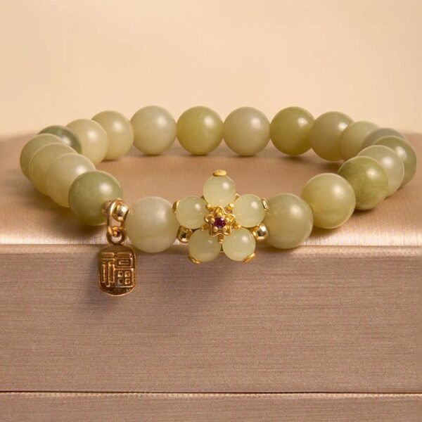 Jade Bloom Bracelet – Green Jade with Gold Floral & “Fu” Charm