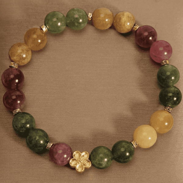 Golden Petal Harmony Bracelet – Multi-Color Tourmaline & Flower Charm