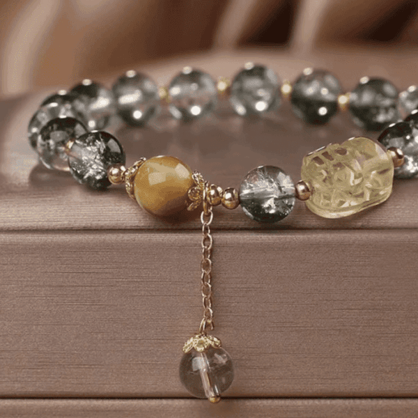 Verdant Vision Bracelet – Green Phantom Quartz & Golden Crystal Charm