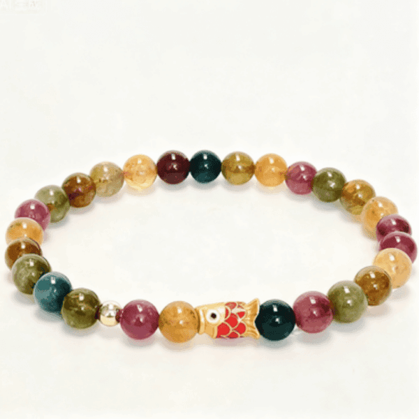 Multi-Color Tourmaline Bracelet with Enamel Fish Bead – Prosperity & Joy