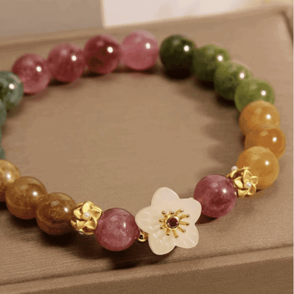 Floral Harmony Bracelet – Multi-Color Tourmaline & Jade Blossom Charm