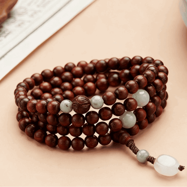 Red Sandalwood Double-Wrap Mala Bracelet with Jade Accents – Grounding & Protection