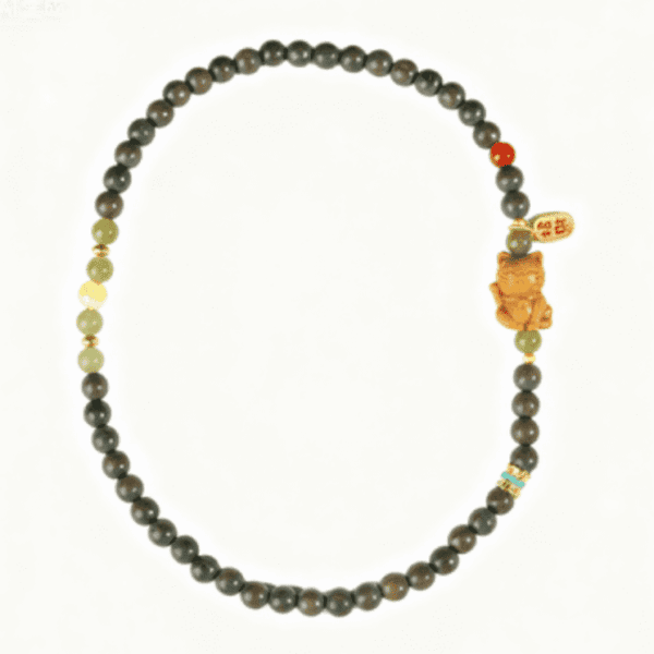 Double-Wrap Wooden Bead Necklace with Lucky Cat Pendant – Prosperity & Blessings
