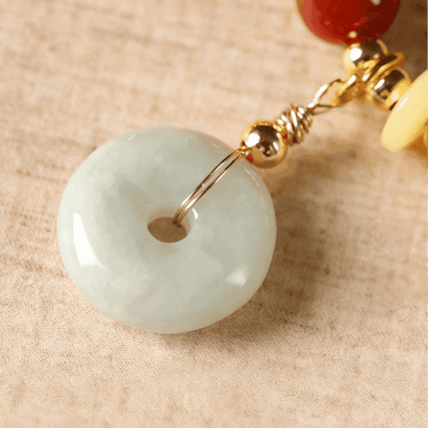 Prosperity & Peace Double-Wrap Bracelet – Red Agate with Jade Donut & Amber Charms