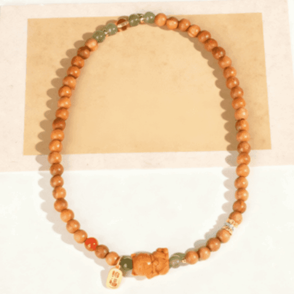 Double-Wrap Wooden Bead Necklace with Lucky Cat Pendant – Prosperity & Blessings