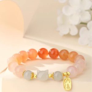 Hetian Jade & Red Agate Cat Bracelet – Love & Good Fortune (S925)