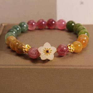 Floral Harmony Bracelet – Multi-Color Tourmaline & Jade Blossom Charm