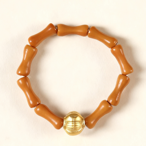 Olive Wood Bamboo-Style Bead Ring with Golden Accent – Women’s Natural Talisman