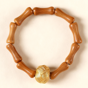 Olive Wood Bamboo-Style Bead Ring with Textured Golden Accent – Women’s Natural Elegance