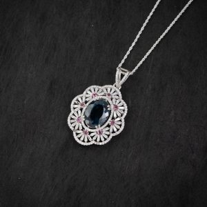 London Blue Topaz Lotus Halo Silver Pendant – Clarity & Expression(Pre-sale & Delivery 10 days later)